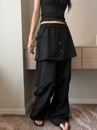 nylon shirring washer skirt layered wide banding pants skirt pants