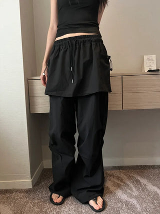 nylon shirring washer skirt layered wide banding pants skirt pants