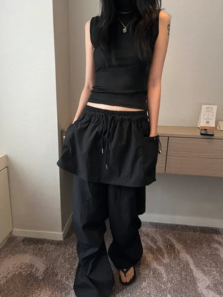nylon shirring washer skirt layered wide banding pants skirt pants