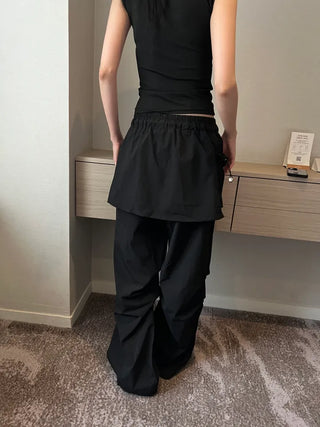nylon shirring washer skirt layered wide banding pants skirt pants