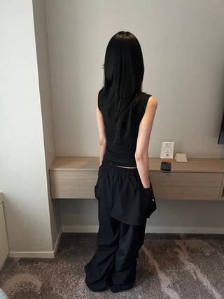 nylon shirring washer skirt layered wide banding pants skirt pants