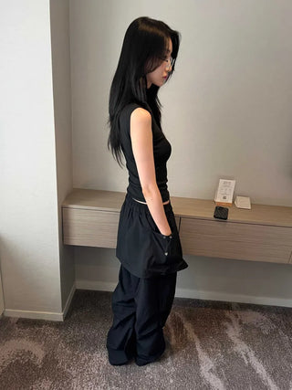 nylon shirring washer skirt layered wide banding pants skirt pants
