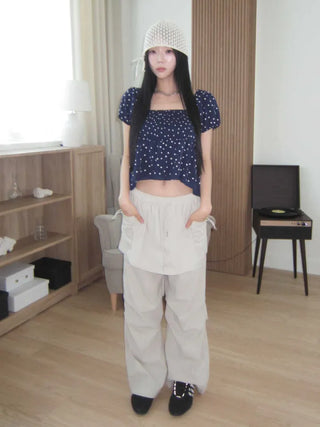 nylon shirring washer skirt layered wide banding pants skirt pants