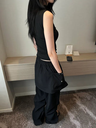 nylon shirring washer skirt layered wide banding pants skirt pants