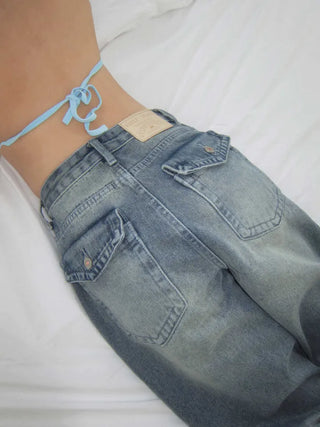 back pocket high-waist vintage washed wide denim pants