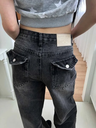 back pocket high-waist vintage washed wide denim pants