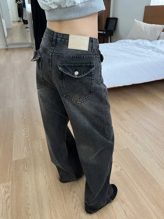 back pocket high-waist vintage washed wide denim pants