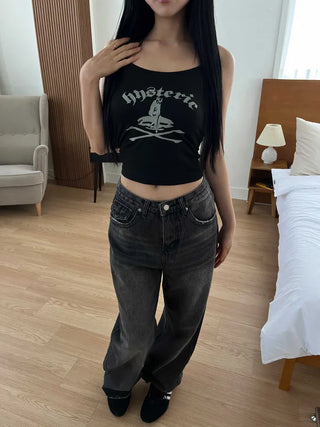 back pocket high-waist vintage washed wide denim pants