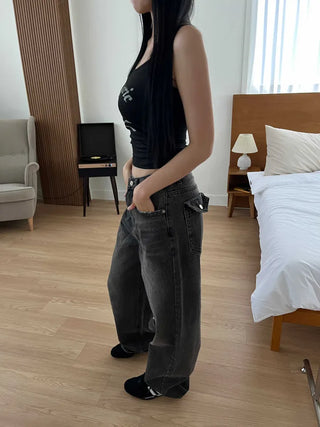 back pocket high-waist vintage washed wide denim pants