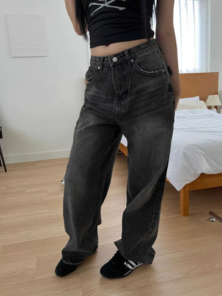 back pocket high-waist vintage washed wide denim pants