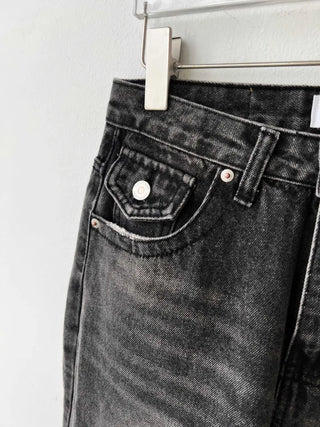 back pocket high-waist vintage washed wide denim pants