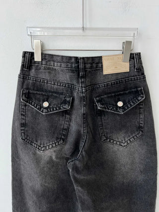 back pocket high-waist vintage washed wide denim pants