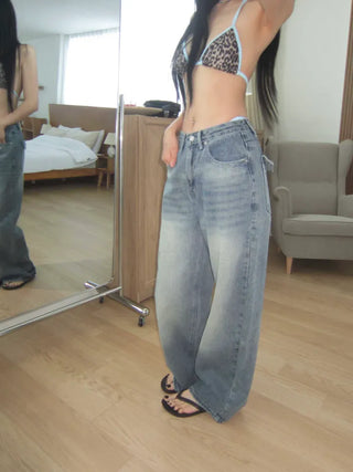 back pocket high-waist vintage washed wide denim pants