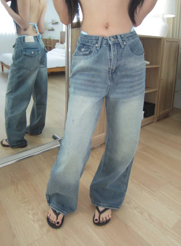 back pocket high-waist vintage washed wide denim pants