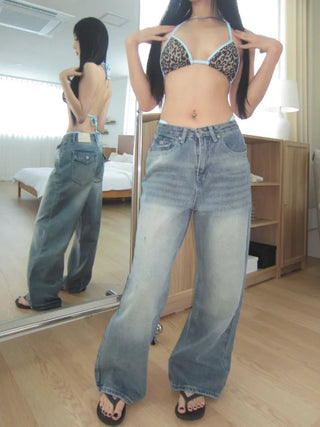 back pocket high-waist vintage washed wide denim pants