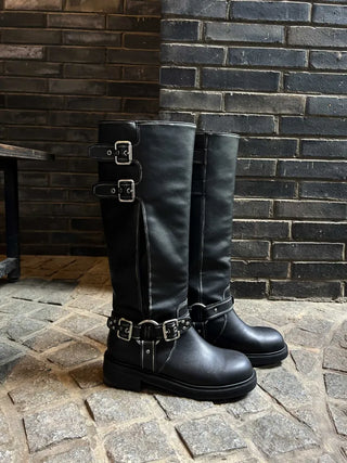 Mumu Buckle Strap Leather Biker Long Boots