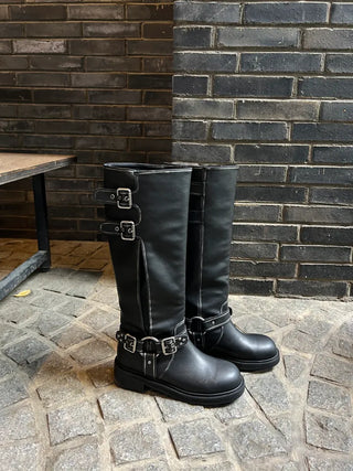 Mumu Buckle Strap Leather Biker Long Boots