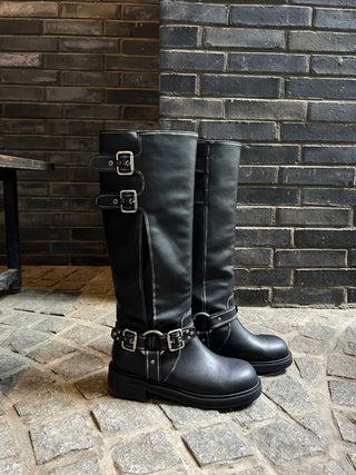 Mumu Buckle Strap Leather Biker Long Boots