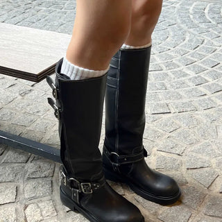 Mumu Buckle Strap Leather Biker Long Boots