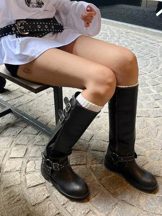 Mumu Buckle Strap Leather Biker Long Boots