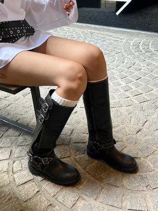 Mumu Buckle Strap Leather Biker Long Boots