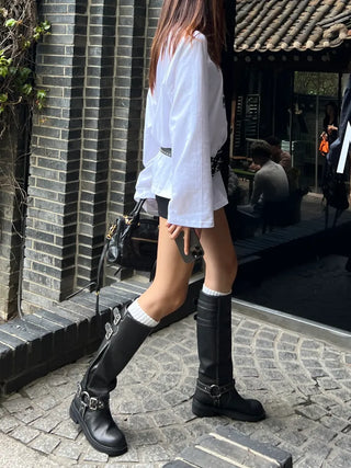 Mumu Buckle Strap Leather Biker Long Boots