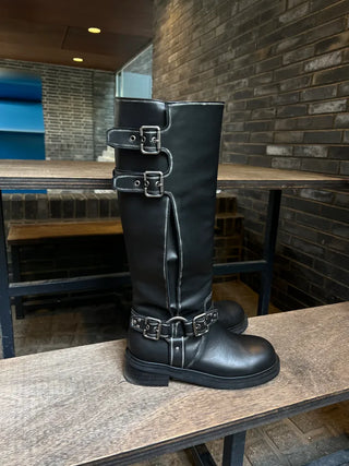 Mumu Buckle Strap Leather Biker Long Boots