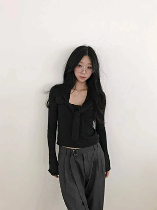 inner sera tie v-neck long-sleeved knit