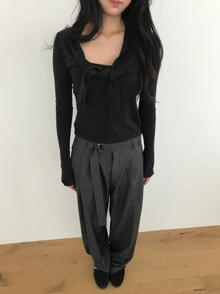 inner sera tie v-neck long-sleeved knit