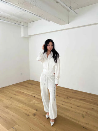 lace sagging banding layered English lettering jogger pants