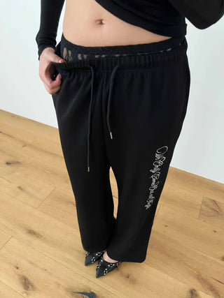 lace sagging banding layered English lettering jogger pants