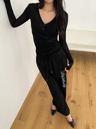 lace sagging banding layered English lettering jogger pants