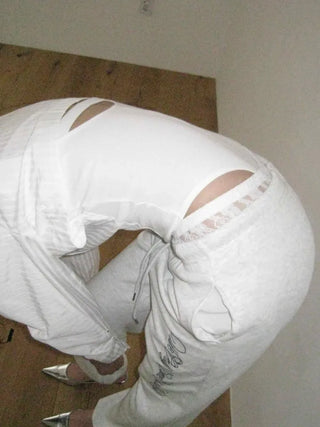 lace sagging banding layered English lettering jogger pants