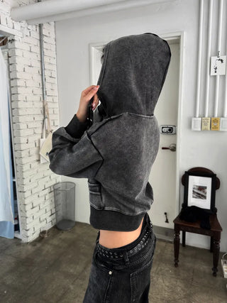 pigment cut semi-crop two-way zipper unique hooded zip-up