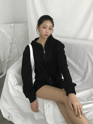 pigment cut semi-crop two-way zipper unique hooded zip-up