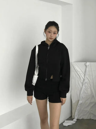 pigment cut semi-crop two-way zipper unique hooded zip-up