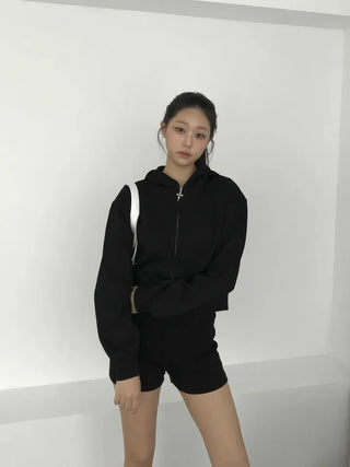 pigment cut semi-crop two-way zipper unique hooded zip-up