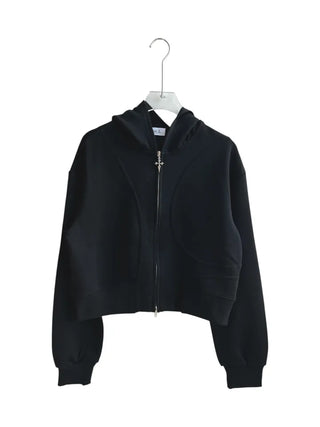 pigment cut semi-crop two-way zipper unique hooded zip-up