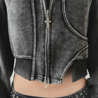 pigment cut semi-crop two-way zipper unique hooded zip-up