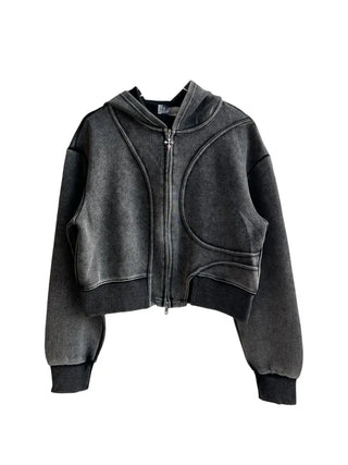 pigment cut semi-crop two-way zipper unique hooded zip-up