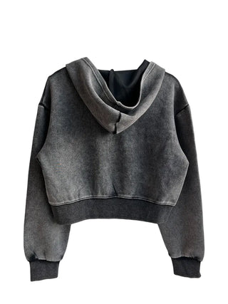 pigment cut semi-crop two-way zipper unique hooded zip-up