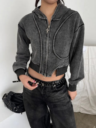 pigment cut semi-crop two-way zipper unique hooded zip-up