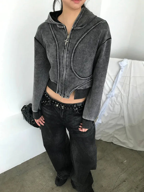 pigment cut semi-crop two-way zipper unique hooded zip-up