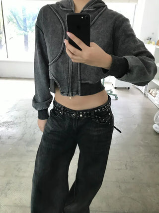 pigment cut semi-crop two-way zipper unique hooded zip-up