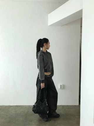 pigment cut semi-crop two-way zipper unique hooded zip-up