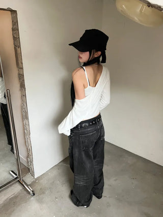 OOTJ/OOT Low-Rise Wide Black Crack Wash Denim Pants