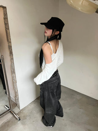 OOTJ/OOT Low-Rise Wide Black Crack Wash Denim Pants