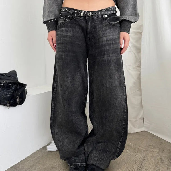 OOTJ/OOT Low-Rise Wide Black Crack Wash Denim Pants