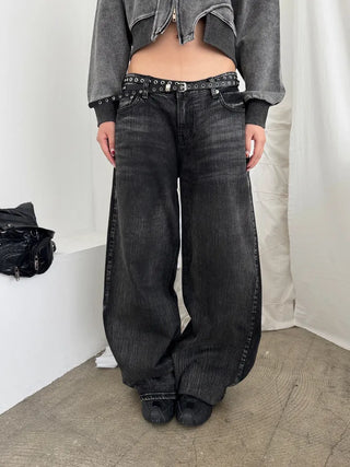 OOTJ/OOT Low-Rise Wide Black Crack Wash Denim Pants