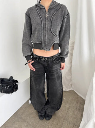 OOTJ/OOT Low-Rise Wide Black Crack Wash Denim Pants